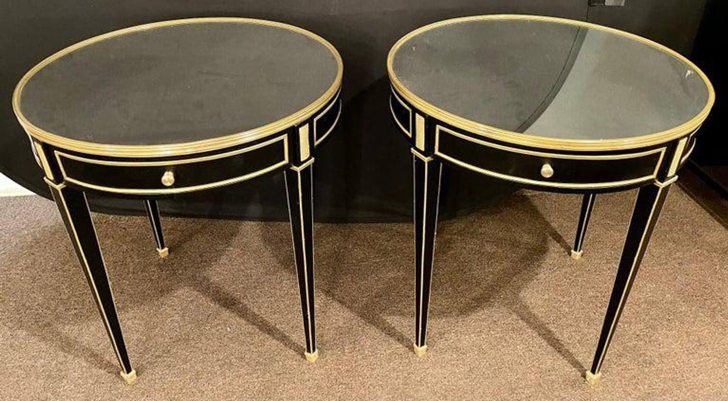 Hollywood Regency Ebony Bouillote or End Tables, Manner Jansen Mirror Tops, Pair