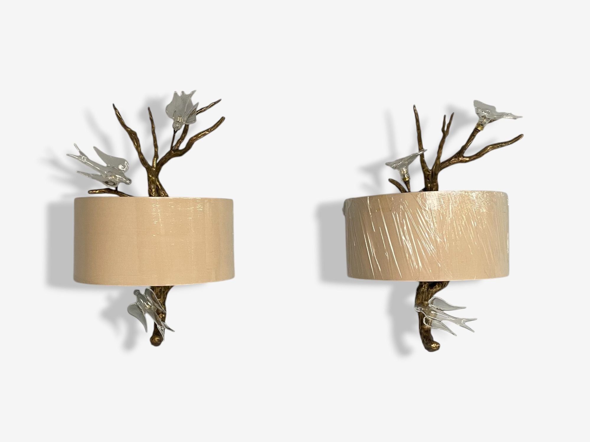 Brutalist Modern, Hammered Bronze, Crystal, Linen, Bird Wall Sconces, 21st C.