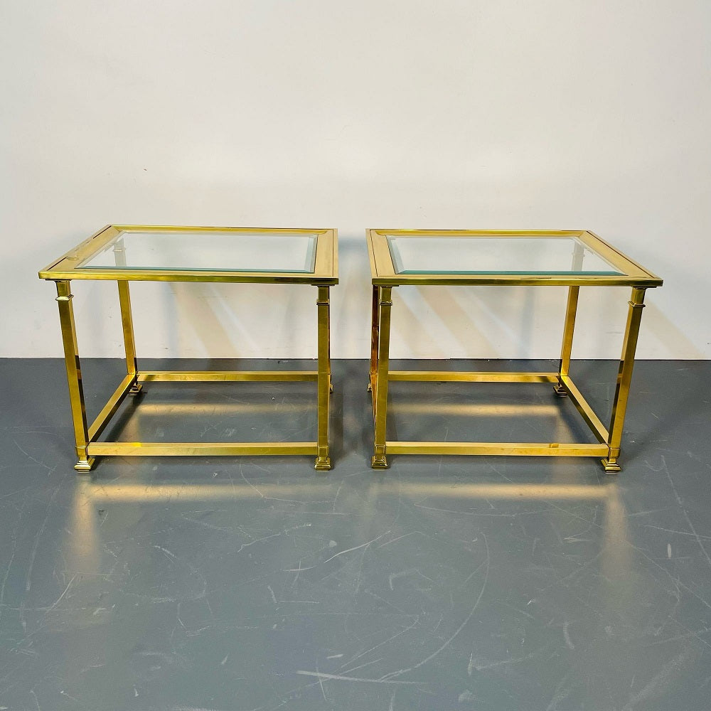 Pair Hollywood Regency Mastercraft Brass, Glass End / Side Tables, Mid-Century