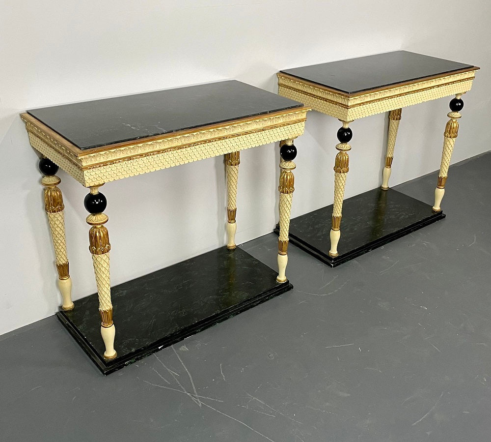 Pair of Maison Jansen Console Tables, Neoclassical, Marble Top, Paint Decorated