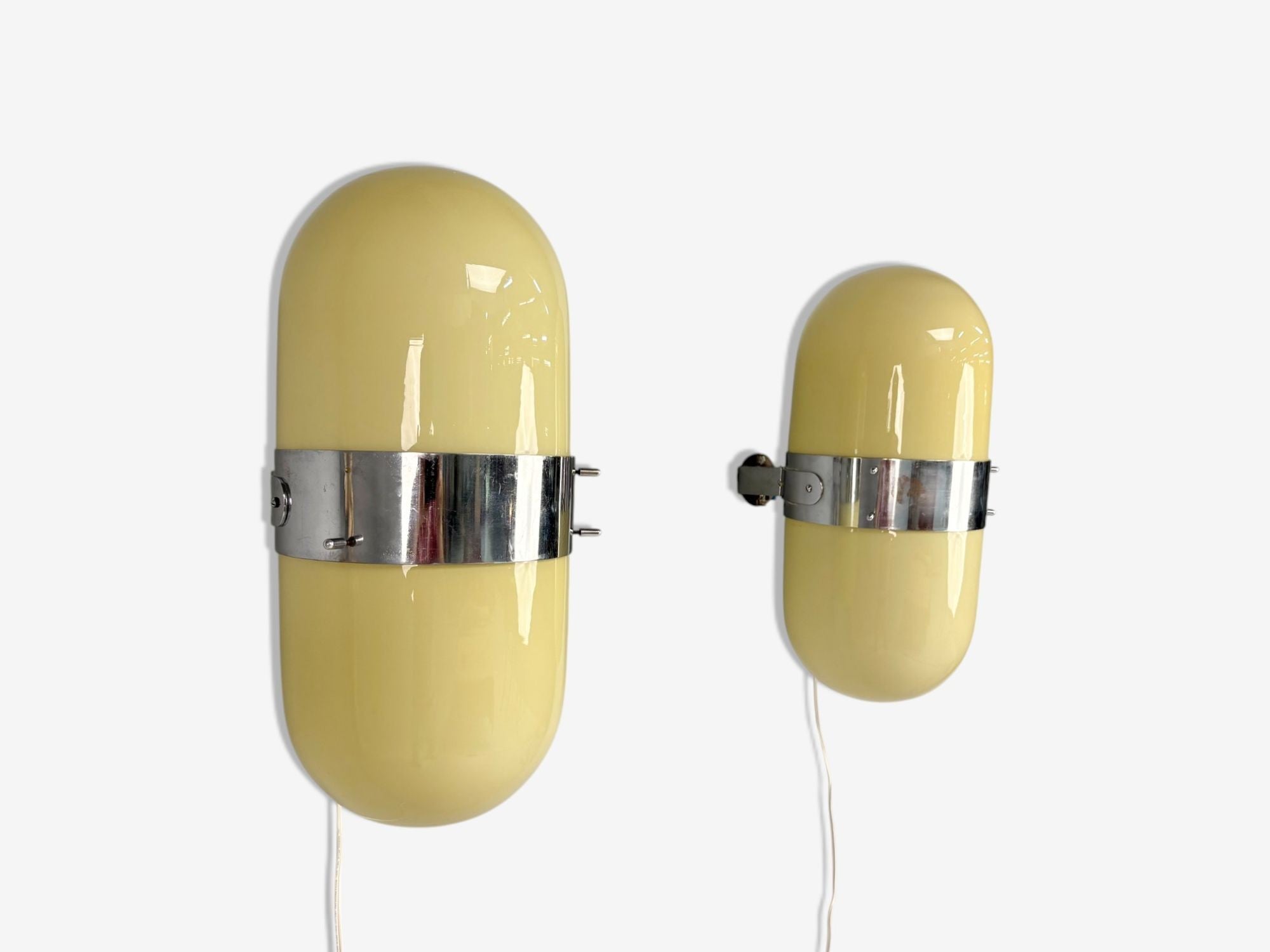 Italian Modern, Opaline Glass, Chrome, Space Age Wall Sconces, Italy, 1970s
