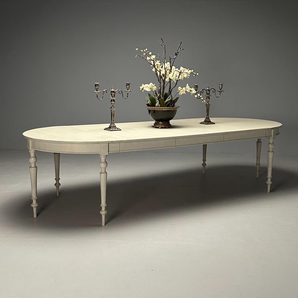 Gustavian, Large Swedish Dining Table, Gray Paint Distressed, Sweden, 1970s