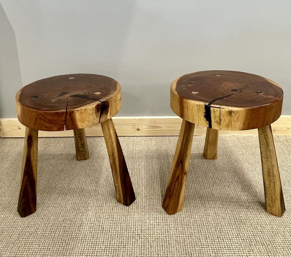 Pair Mid-Century Modern Nakashima Style Organic Wooden Two Stools / Side Tables