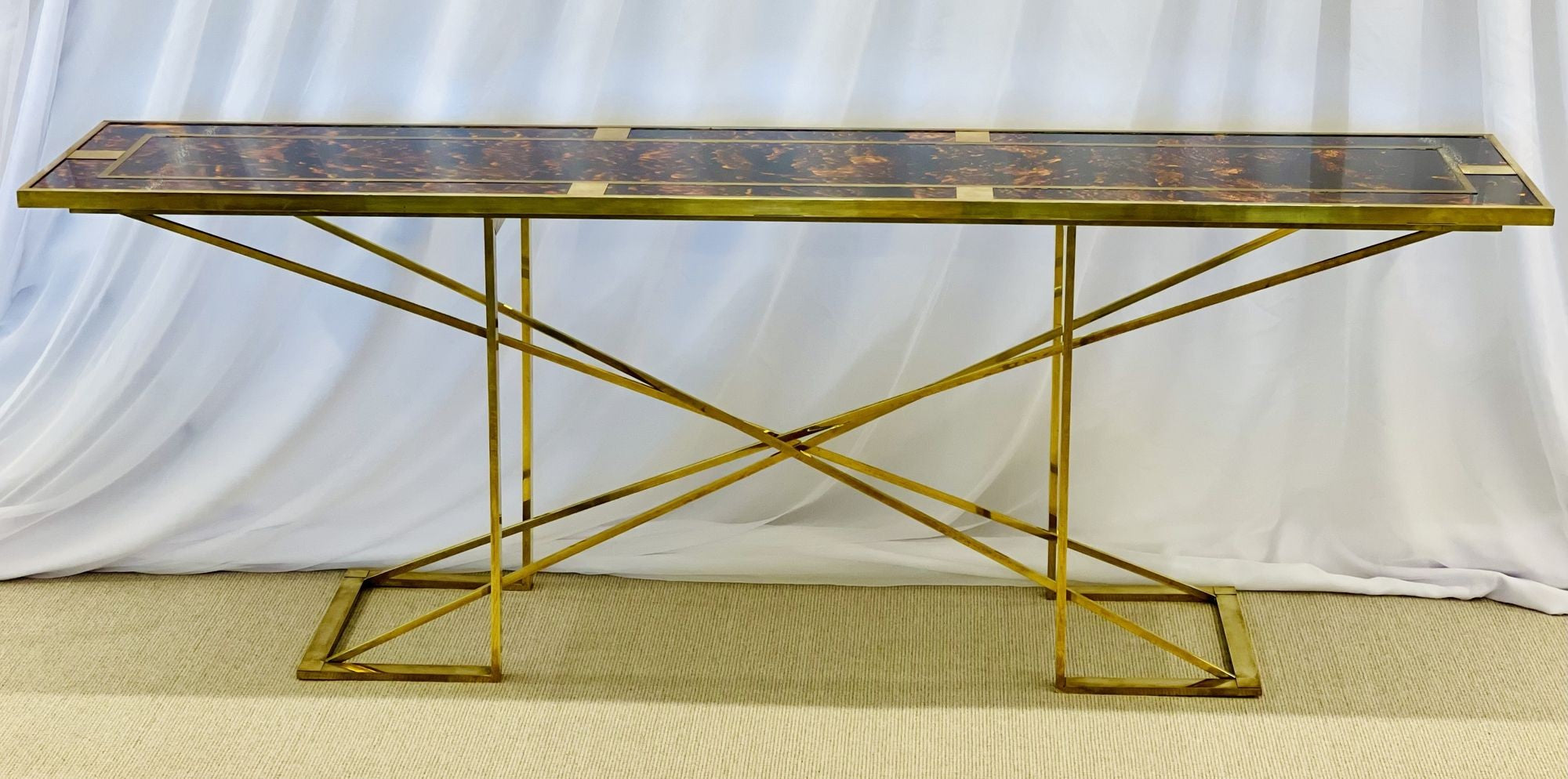 Romeo Rega Console Table, Faux Tortoise Top, Gilt Metal Base, Italy, 1970s