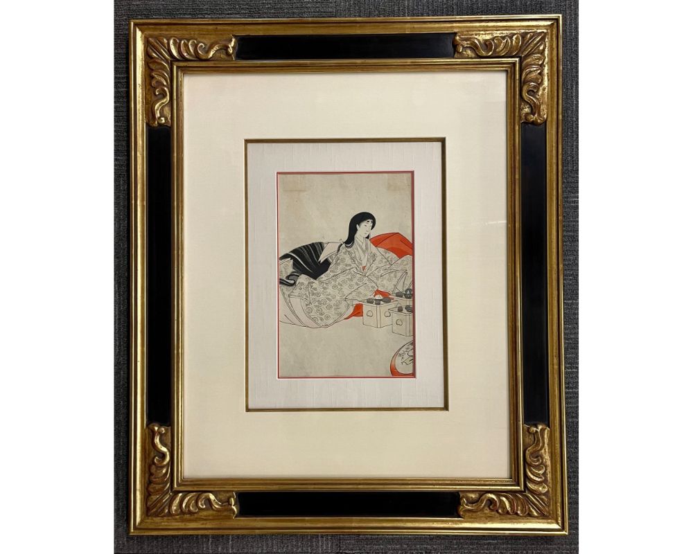 Pair Japanese Woodblock. Matted. Custom Ebony Frames.
