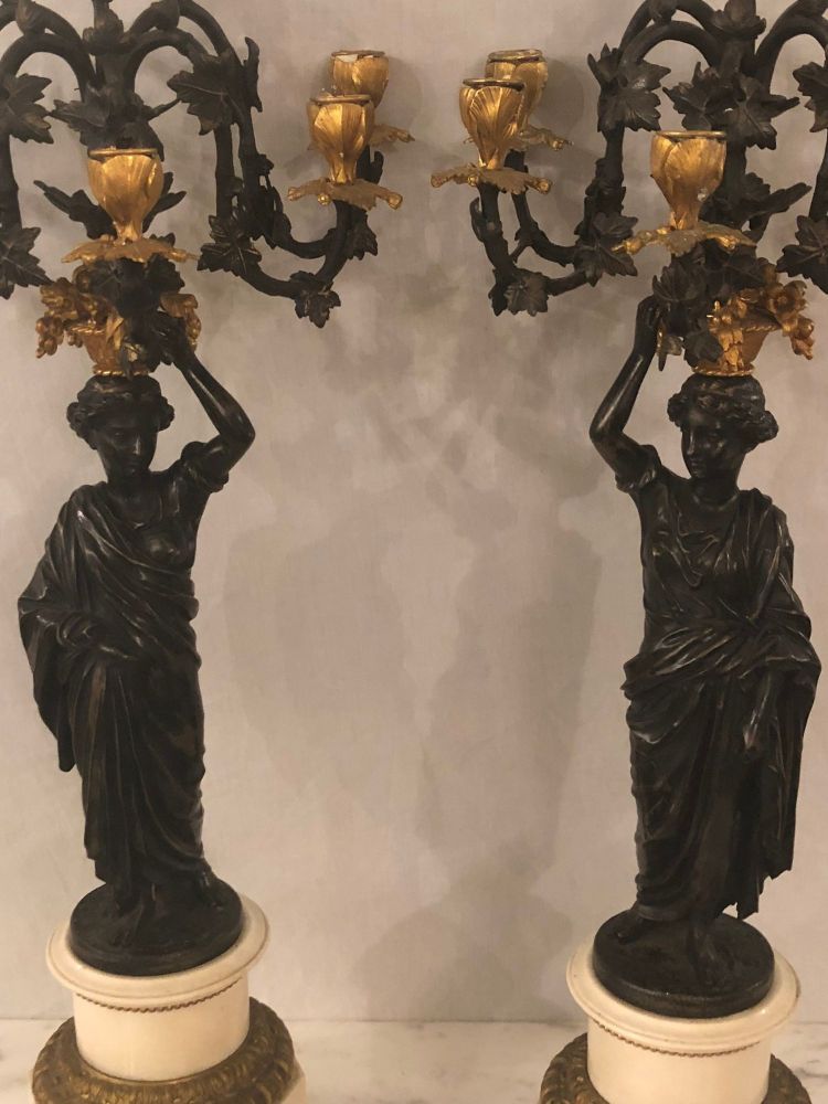 Pair of Neoclassical Style Bronze Six-Arm Figural Candelabra