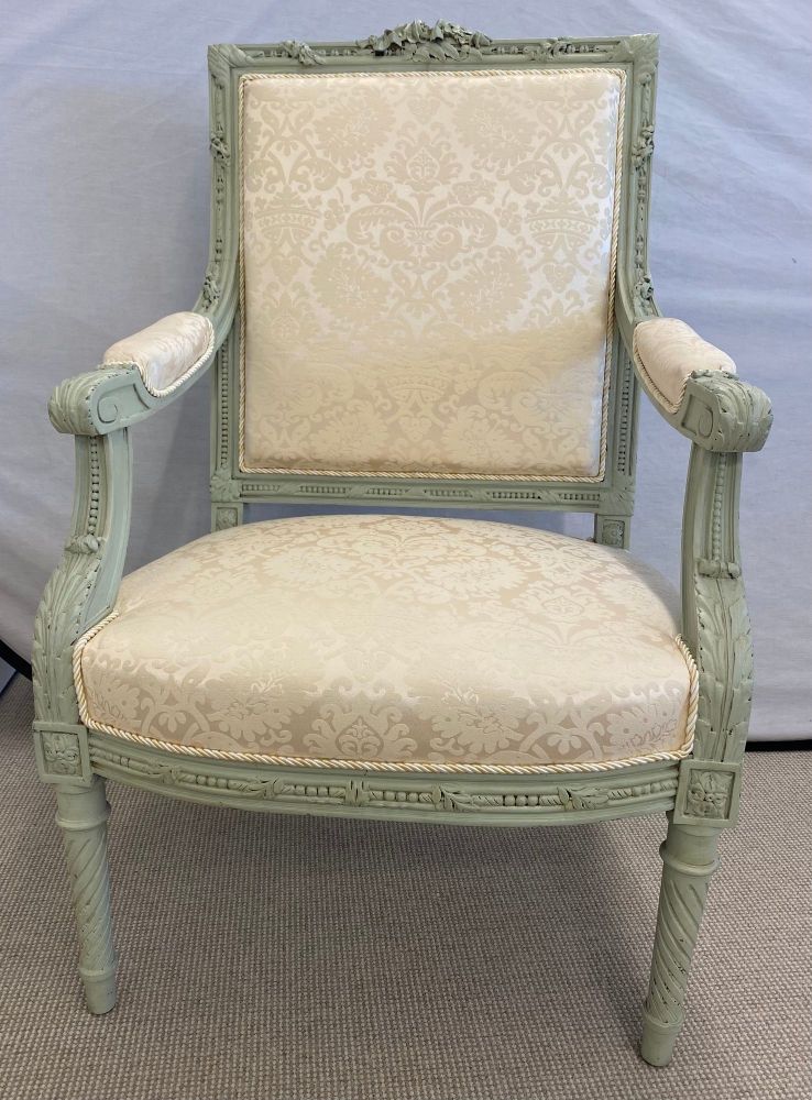 Pair of Louis XVI Style Throne or Arm Chairs, Paint Decorated Frames