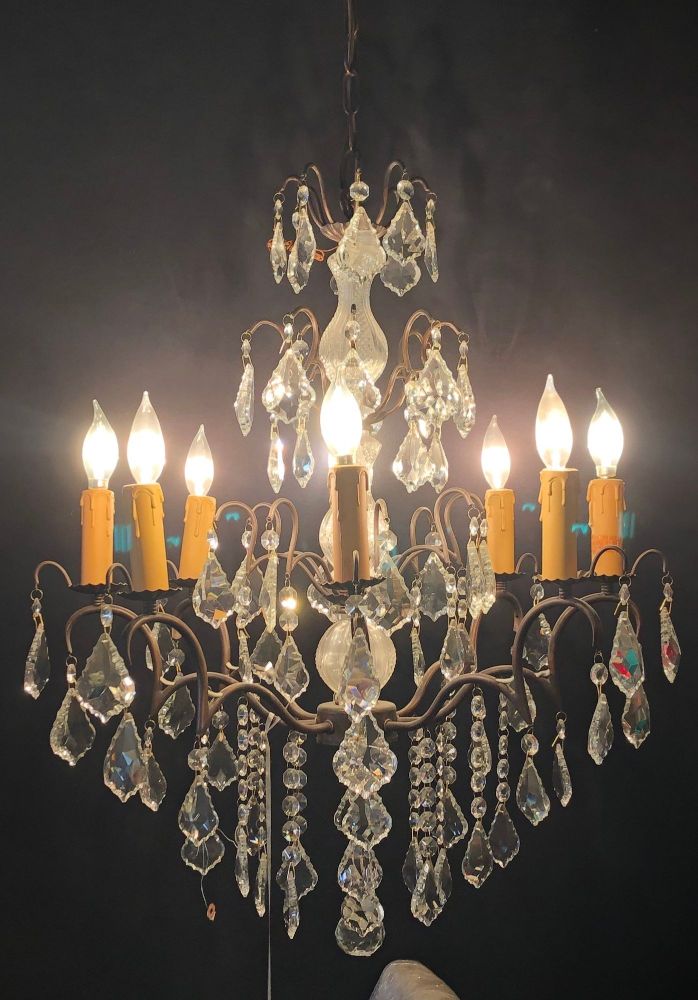Copper Designed Metal and Crystal Chandelier with Centre Cut Glass Column