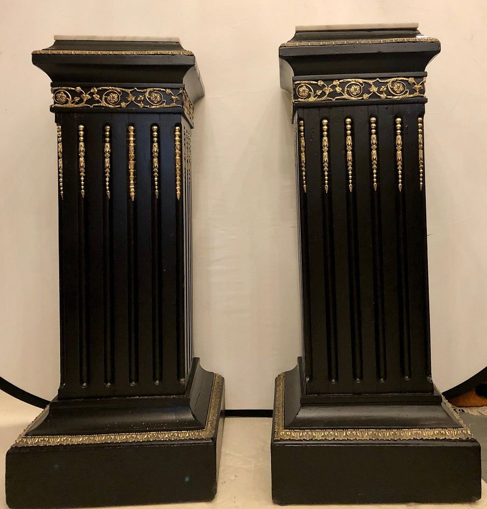 Hollywood Regency Neoclassical Ebony Pedestals, Bronze Mounted Marble Tops, Pair
