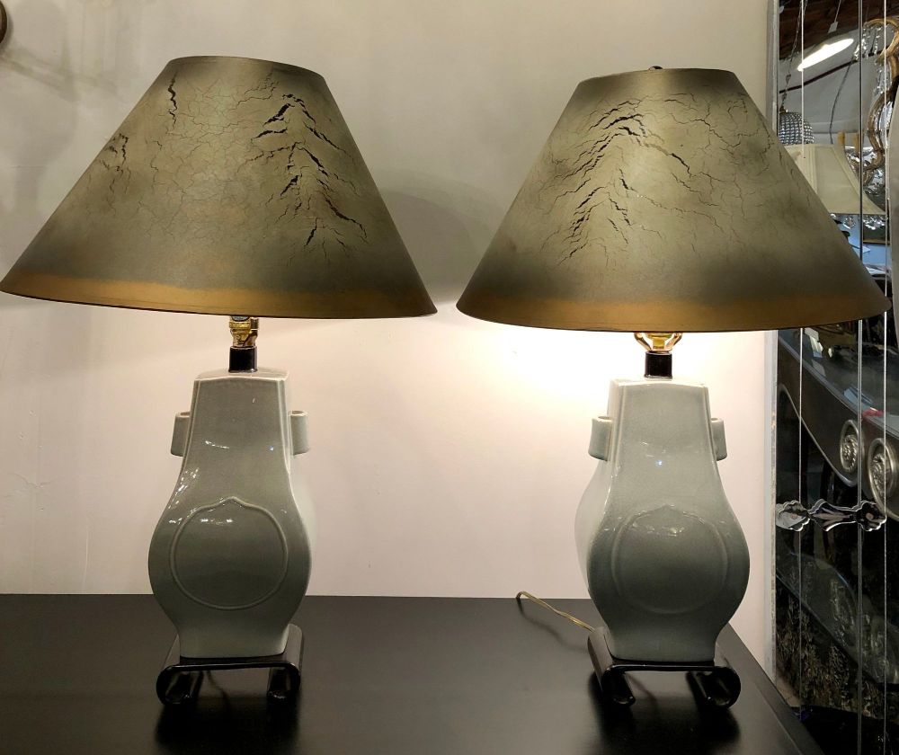 Porcelain Crackle Glaze Table Lamps Chinese Inspired Pair with Custom Shades