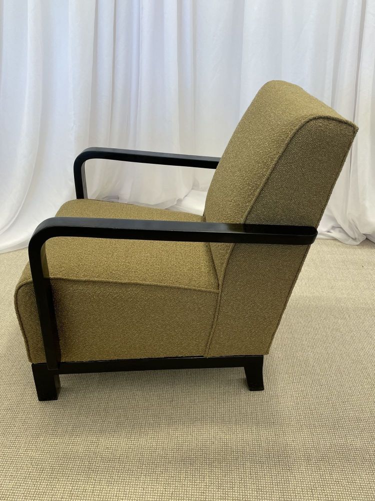 Pair of Vintage Art Deco Lounge / Arm Chairs, Ebony Wood, Boucle, Sweden, 1940s