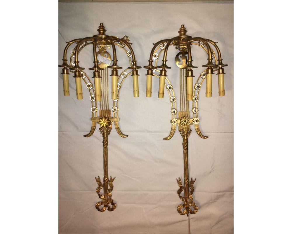 Louis XVI Style Harp / Lyre Back Bronze Wall Sconce. Set of Six