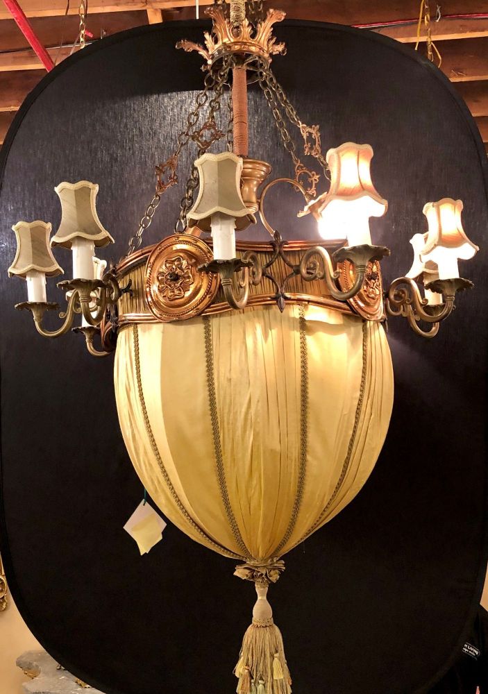 Palatial Light Fixture in Copper, Brass and Iron with Silk Dome Shade