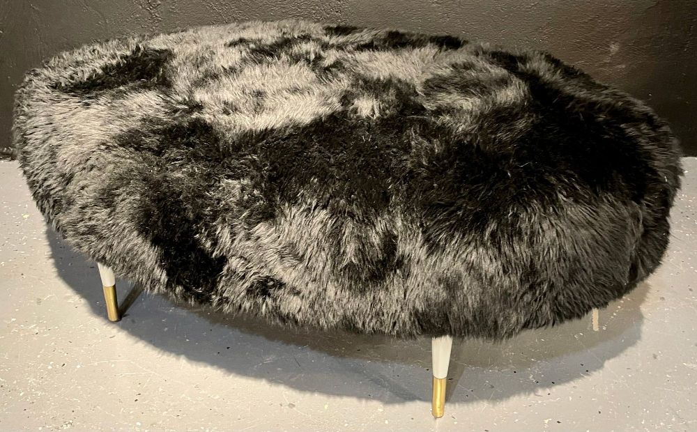 Mid-Century Modern Ottoman Having Bradley Hughes Sheepskin Upholstery
