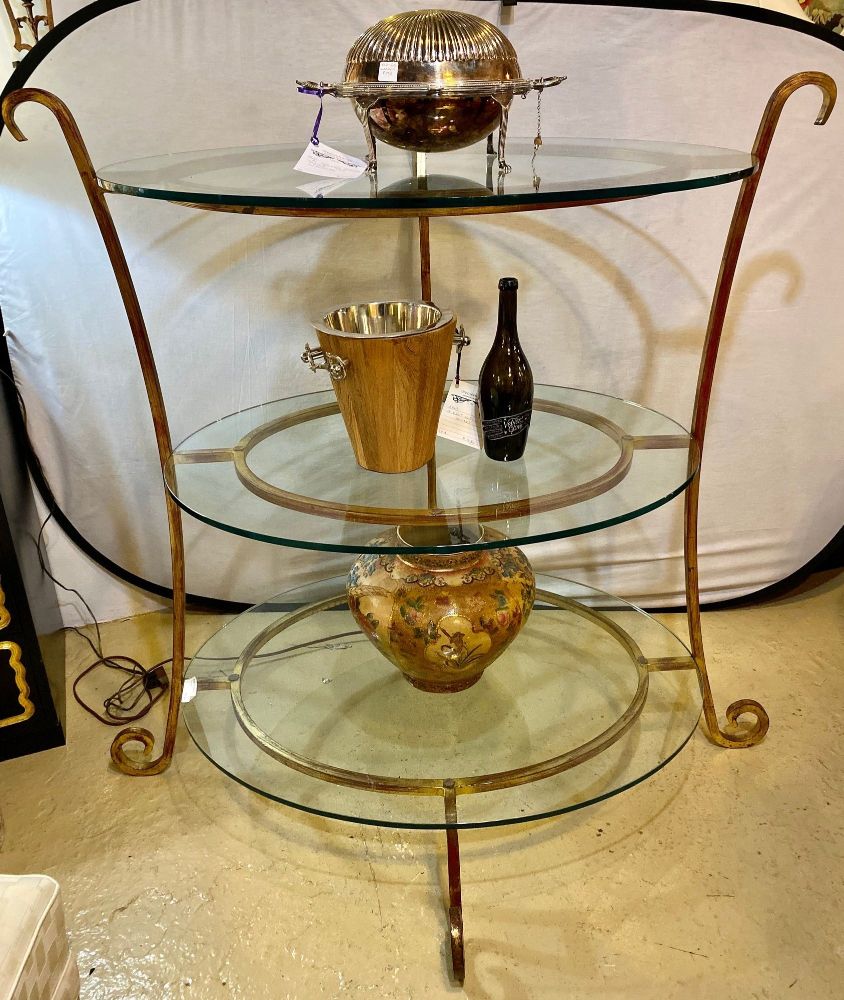 Three-Tier Tall Wide Glass and Gilt Metal Étagère Server Hollywood Regency Style
