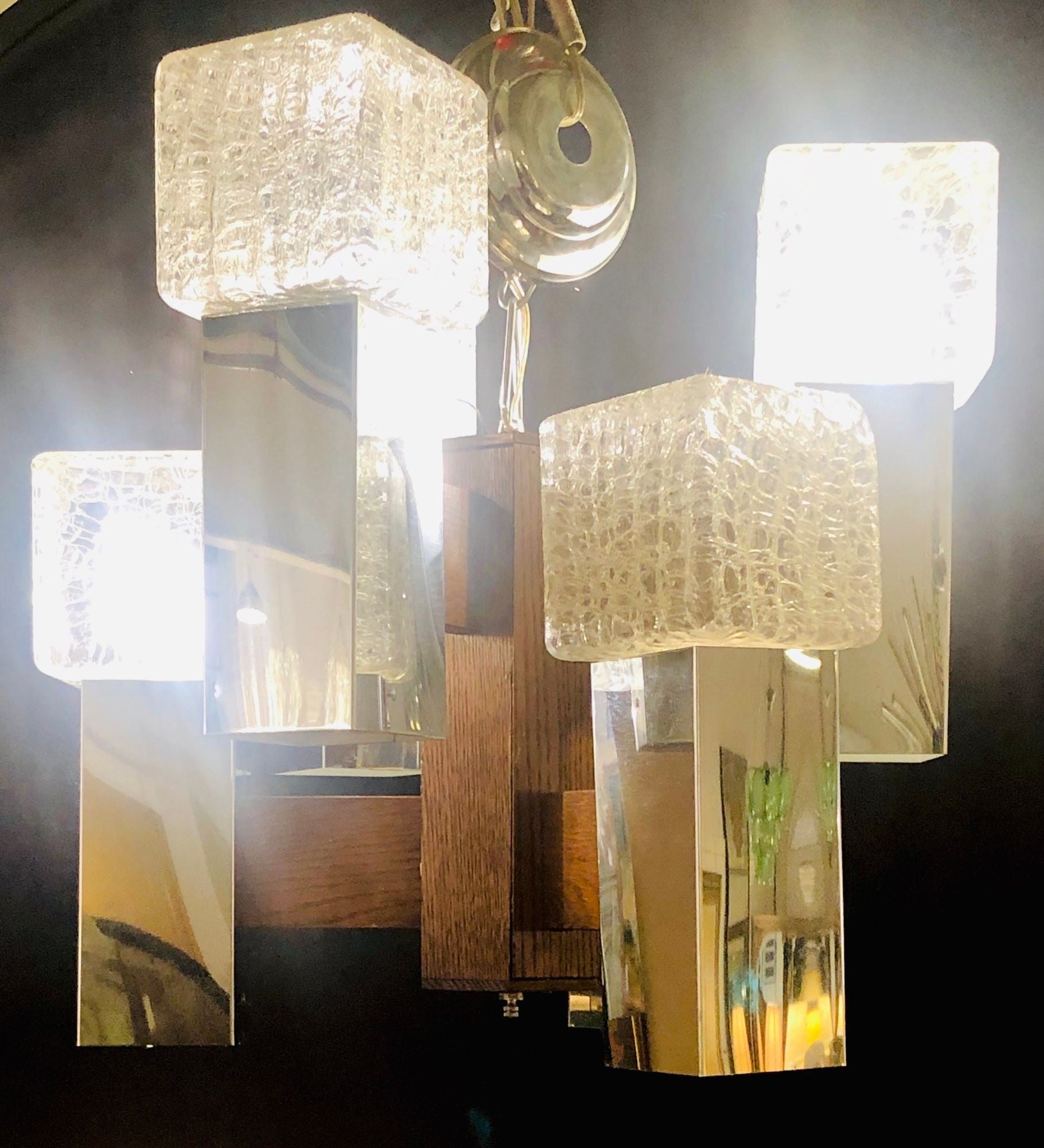 Art Deco Style Glass and Burl Wood Chandelier with 12 Lights and 2 Tier