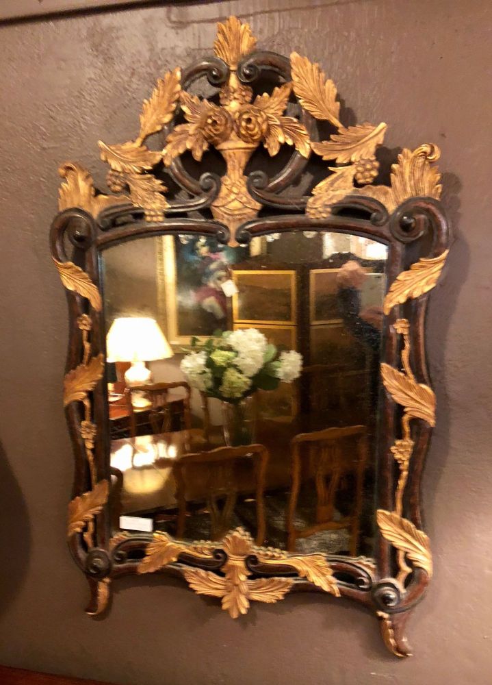 French Regency Antique Mirror of Mahogany and Gilt with Basket of Roses Design