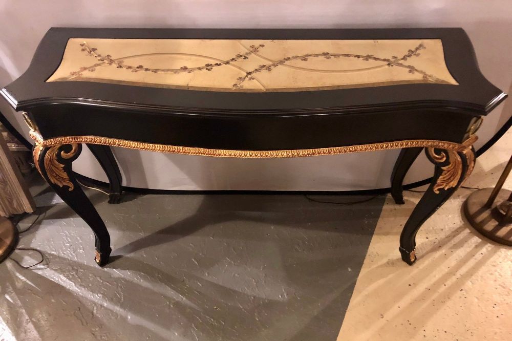 Ebony and Parcel-Gilt Decorated Console / Sofa Table with Fine Beveled Glass Top