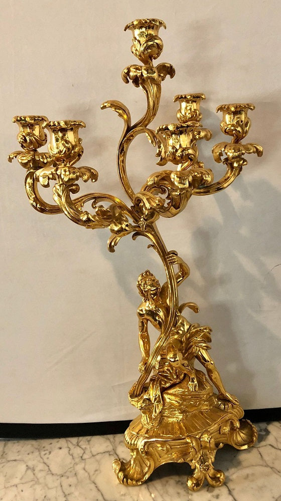 Pair of 19th Century Bronze 24-Carat Gold-Plated Six-Arm Figural Candelabras