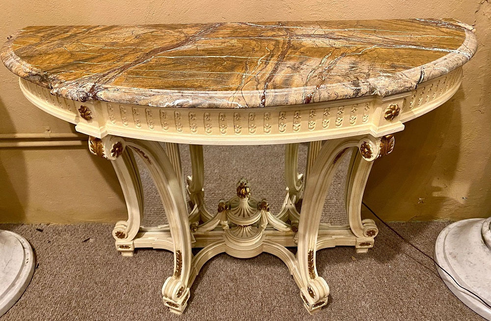 Demilune Console Hollywood Regency Style Marble-Top with Beveled Mirror Back