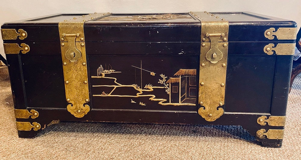 1920s Asian Dowry, Blanket or Storage Chest, Bronze Decorated J. L. George