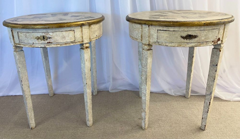 Gustavian Pair of End, Side Tables, Swedish Paint Decorated, Fornasetti Style