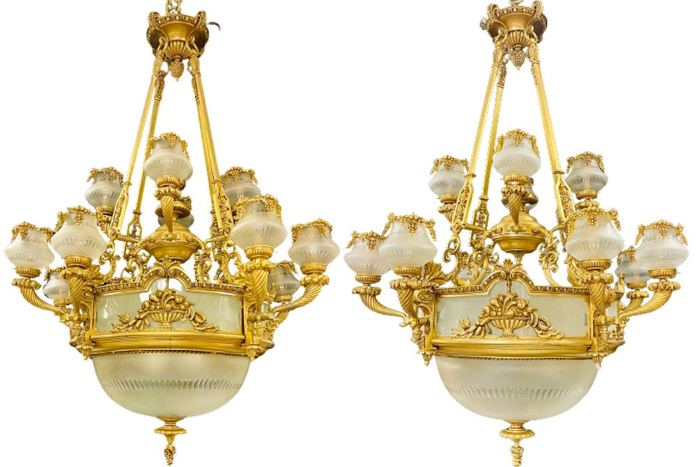 Pair of Louis XVI Style Bronze Chandeliers