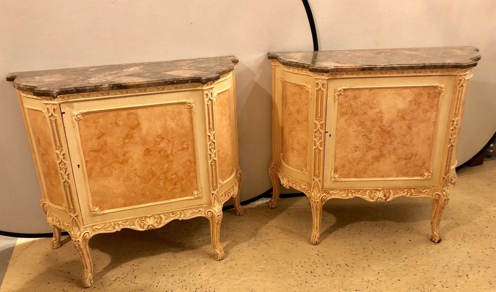 Pair of Hostetler Custom Faux Painted Marble-Top Commodes or Nightstands