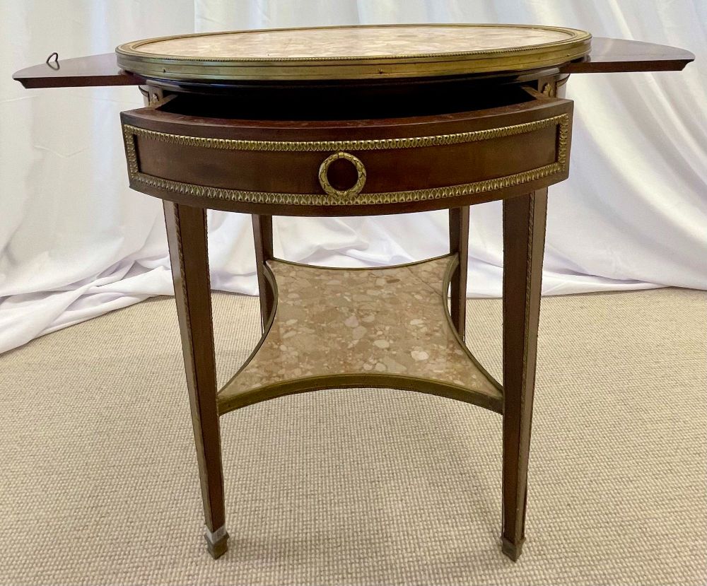 French Mahogany Louis XVI Style Marble Top Bouillotte Table, Bronze Mounted