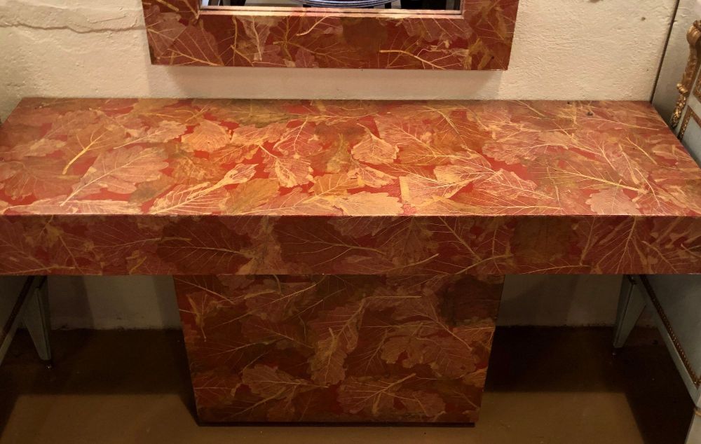 MCM Gold Leave Design Decoupage Painted Console Vanity with Matching Mirror