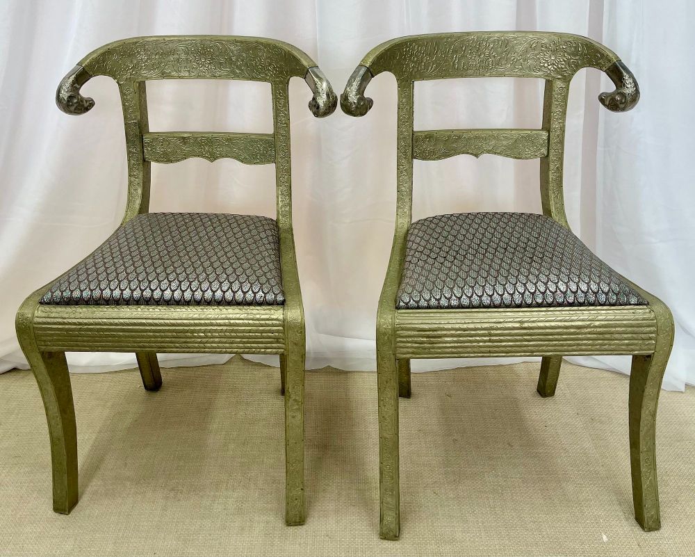 Pair of Neoclassical Side Chairs, Wrapped Metal, Rams Heads, Europe Gustavian
