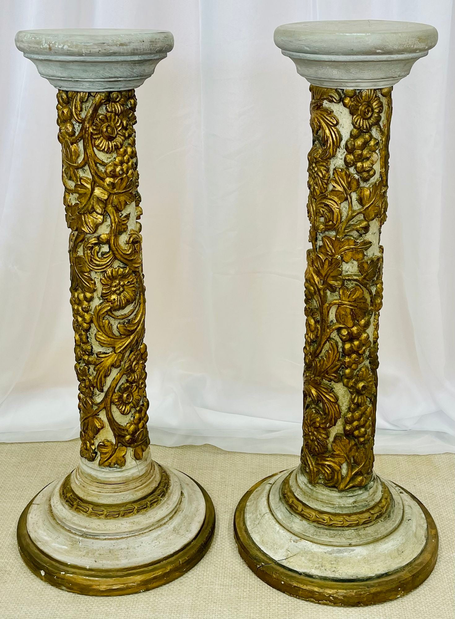 Pair of Giltwood and Paint Decorated Italian Columns, Pedestals, Gustavian Style