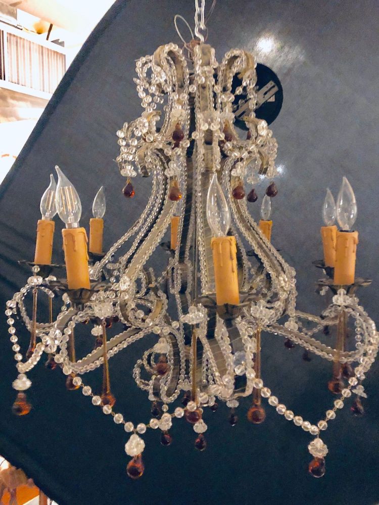 Eight Light Beaded Chandelier with Colored Tear Drop Prisms, circa 1960