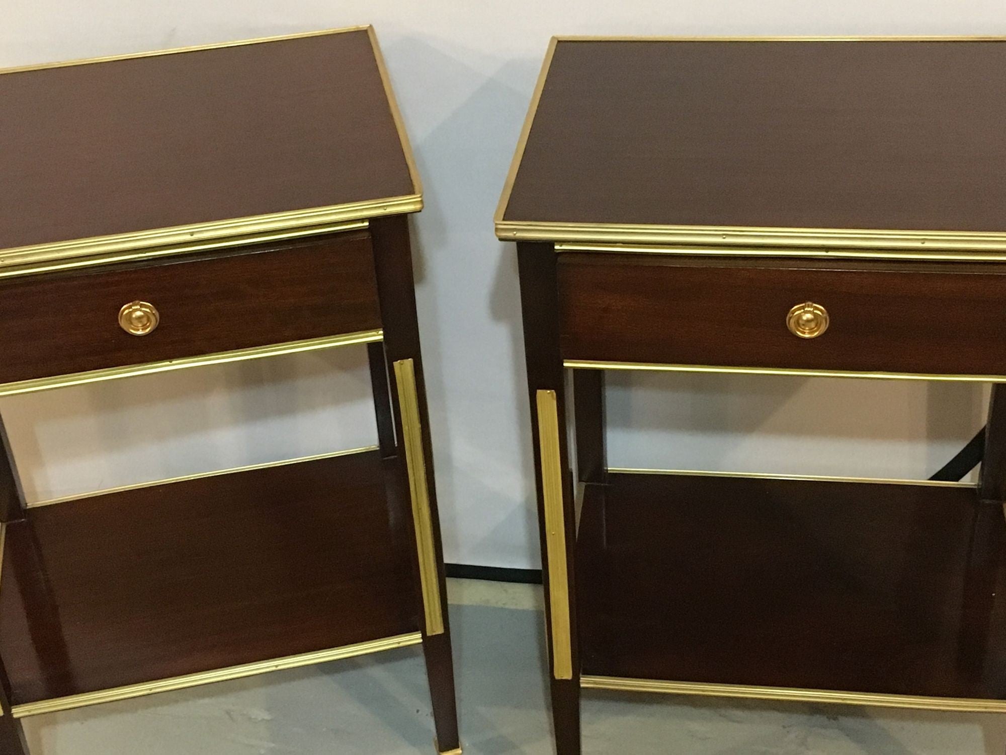 Pair of One Drawer Neoclassical Style Bronze-Mounted Mahogany End / Side Tables