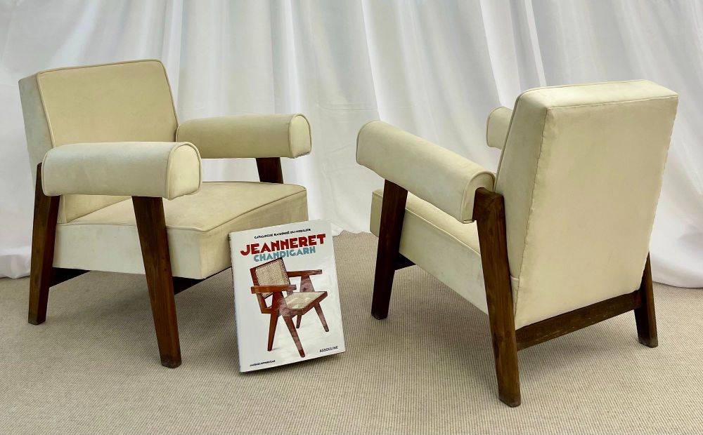 Pierre Jeanneret, French Mid-Century Modern, Bridge Lounge Chairs, Teak, Suede