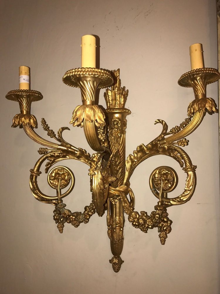 Pair of Monumental Three-Light Sconces Solid Bronze Louis XVI Style