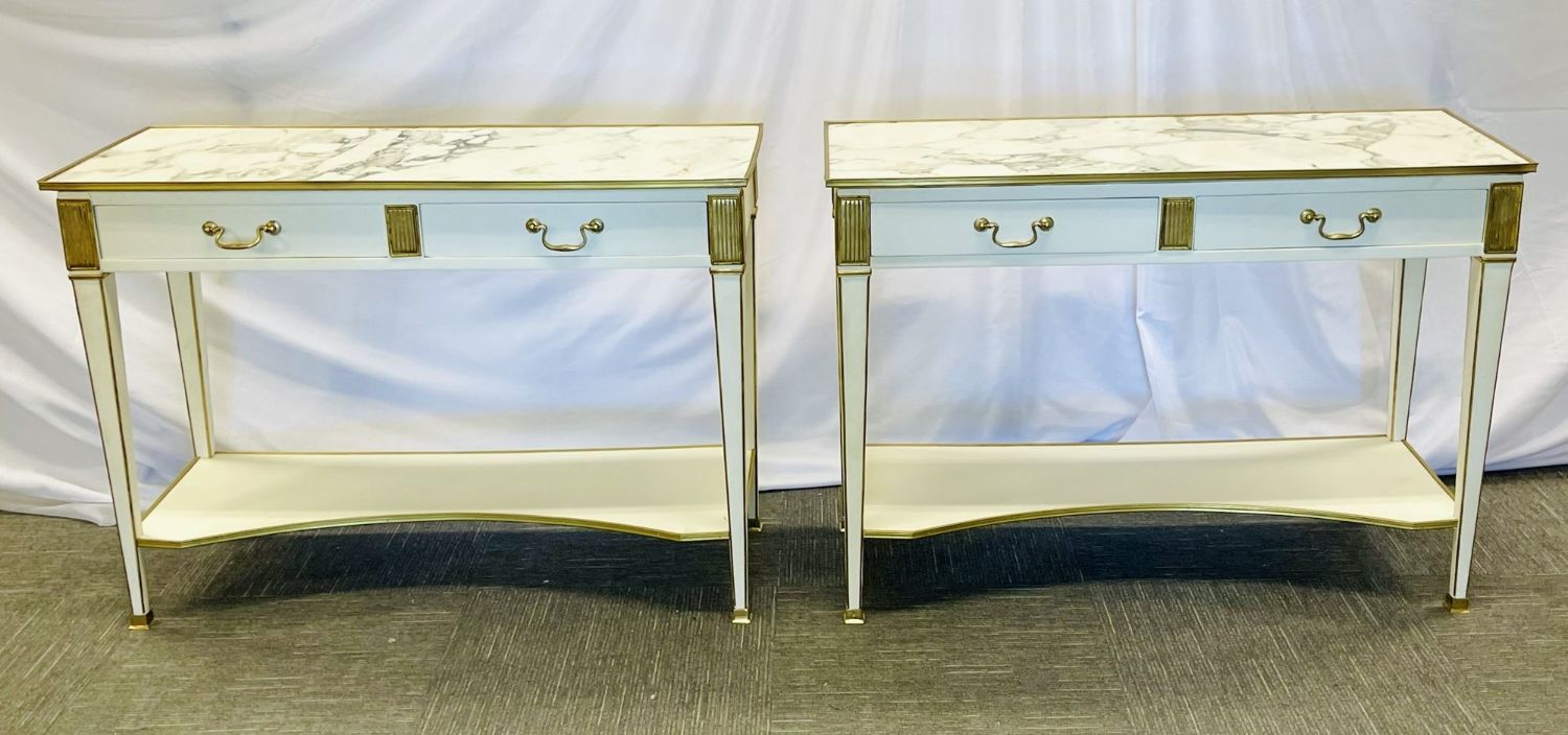 Pair of Hollywood Regency Neoclassical White Sofa, Console Tables, Maison Jansen