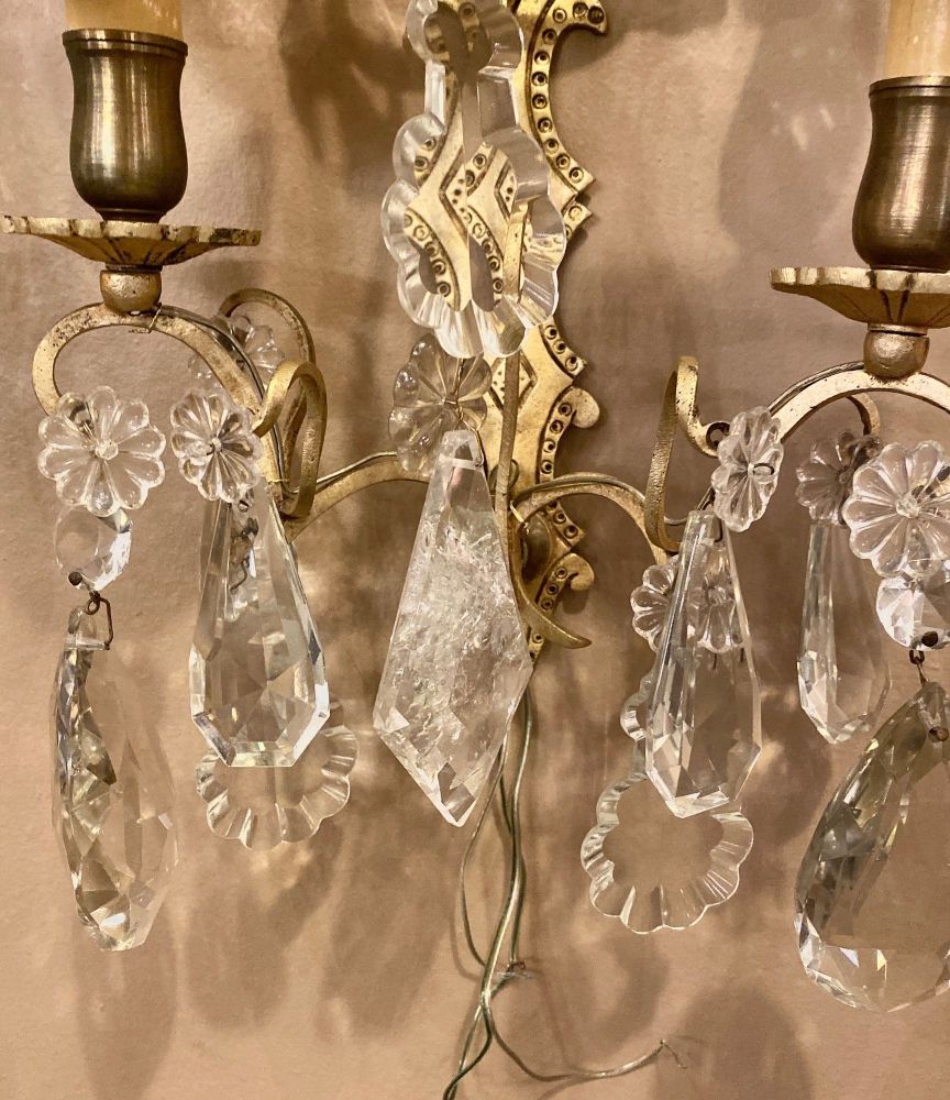 Pair of Two-Light Covered Mixed Crystal and Rock Crystal Bronze Wall Sconces