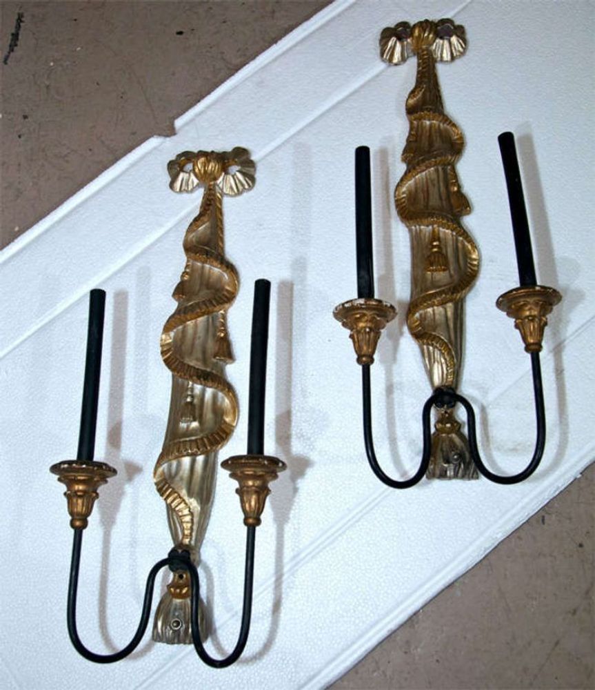 Pair of Dorothy Draper Style Gilded Wall Sconces