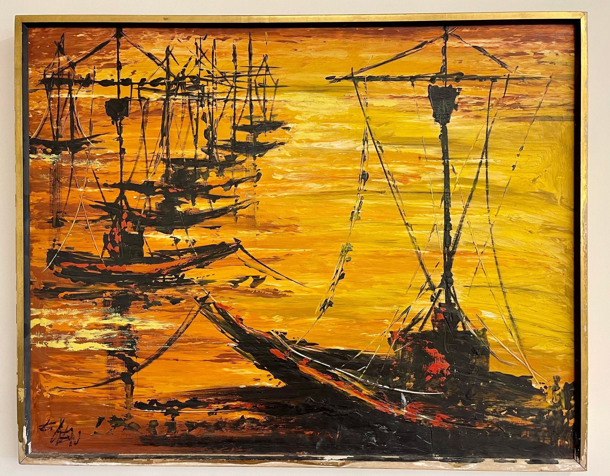 Palette Knife Oil Painting of Fishing Boats
