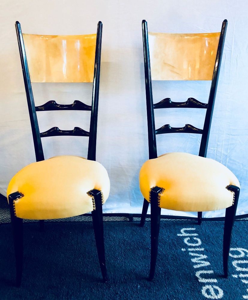 Set of Six Italian Aldo Tura Side Dining Chairs in Goatskin and Parchment