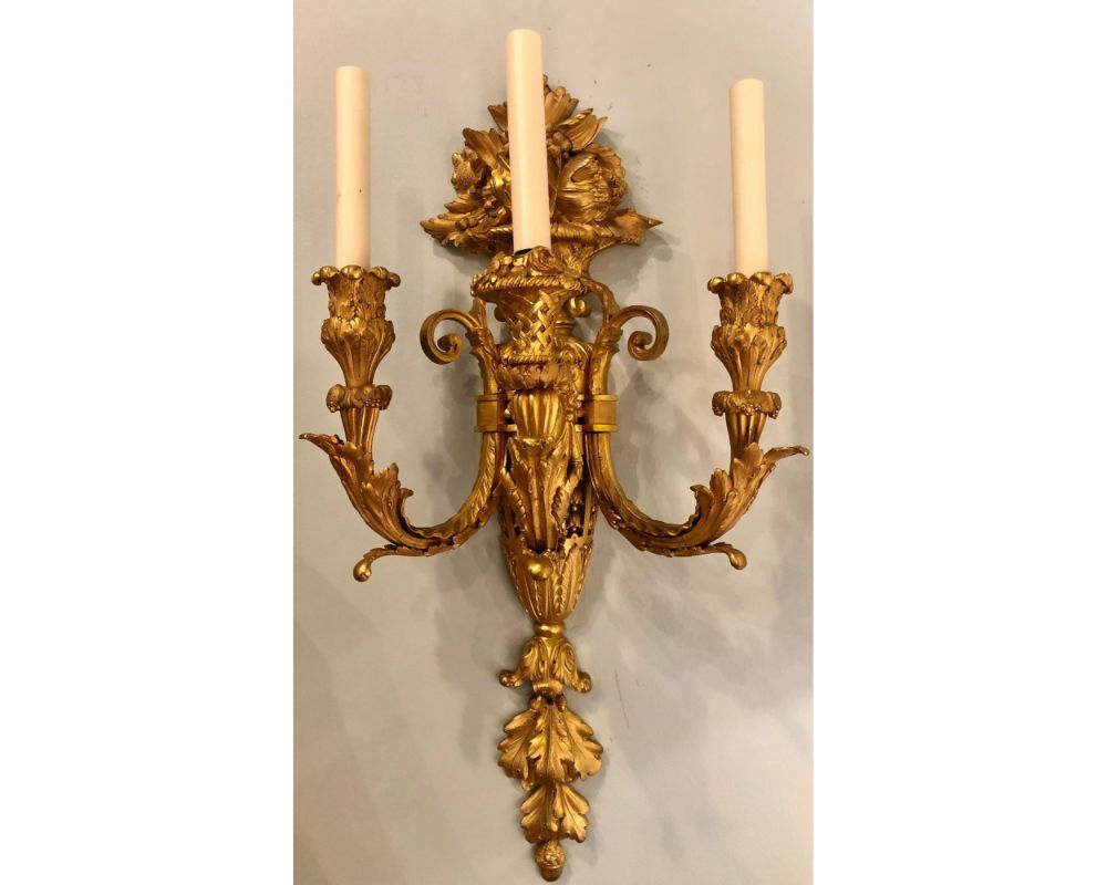 Pair of Three-Arm Bronze Wall Sconces French Louis XVI Style Bronze Dore