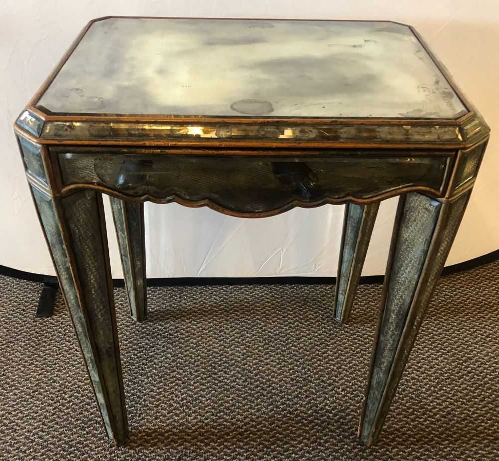 Hollywood Regency Distressed Beveled Mirror Single Draw End, Side Table or Desk