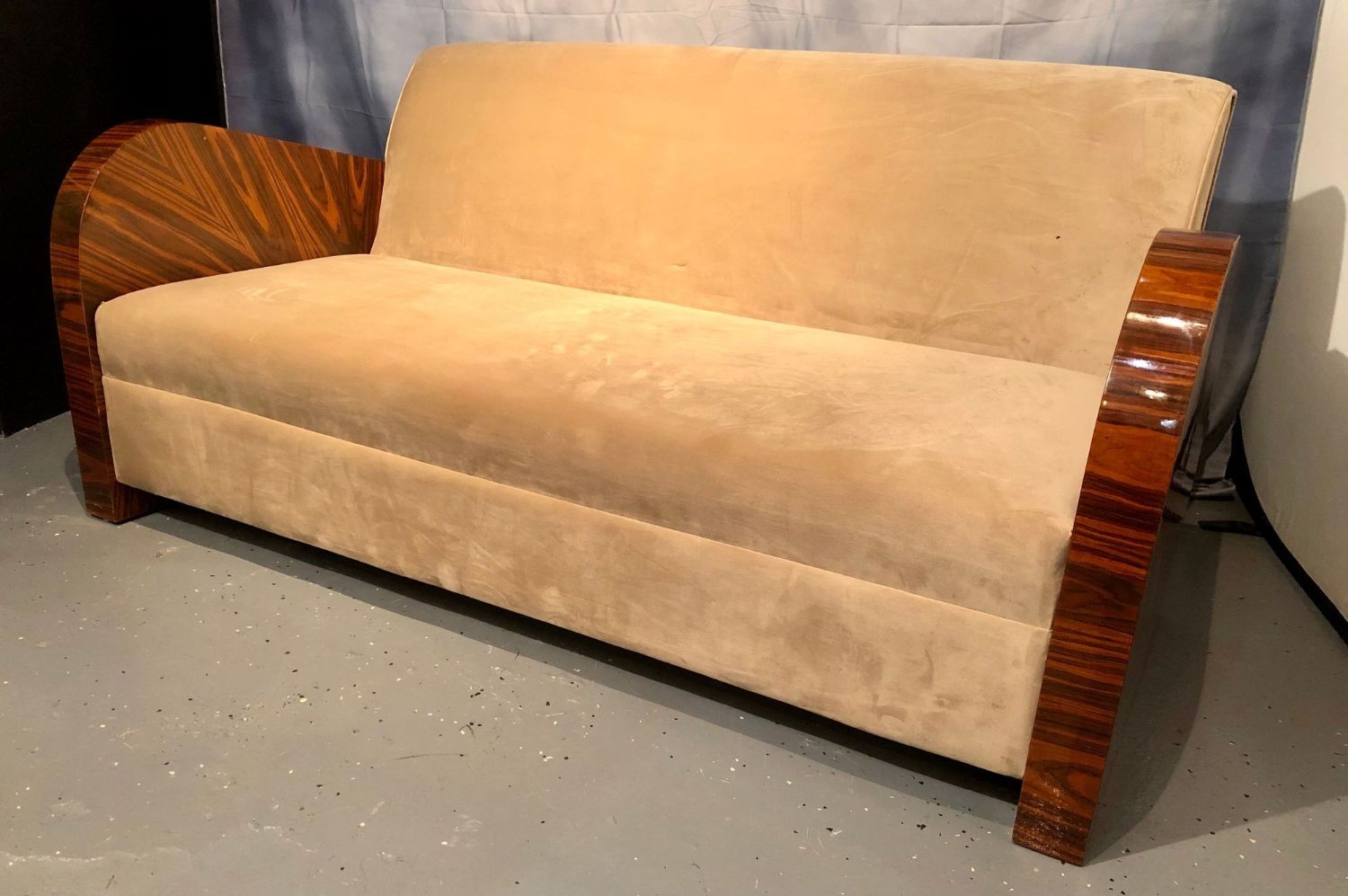 French Art Deco Style Rosewood Sofa/Couch Lacquered Rosewood Velour Upholstery