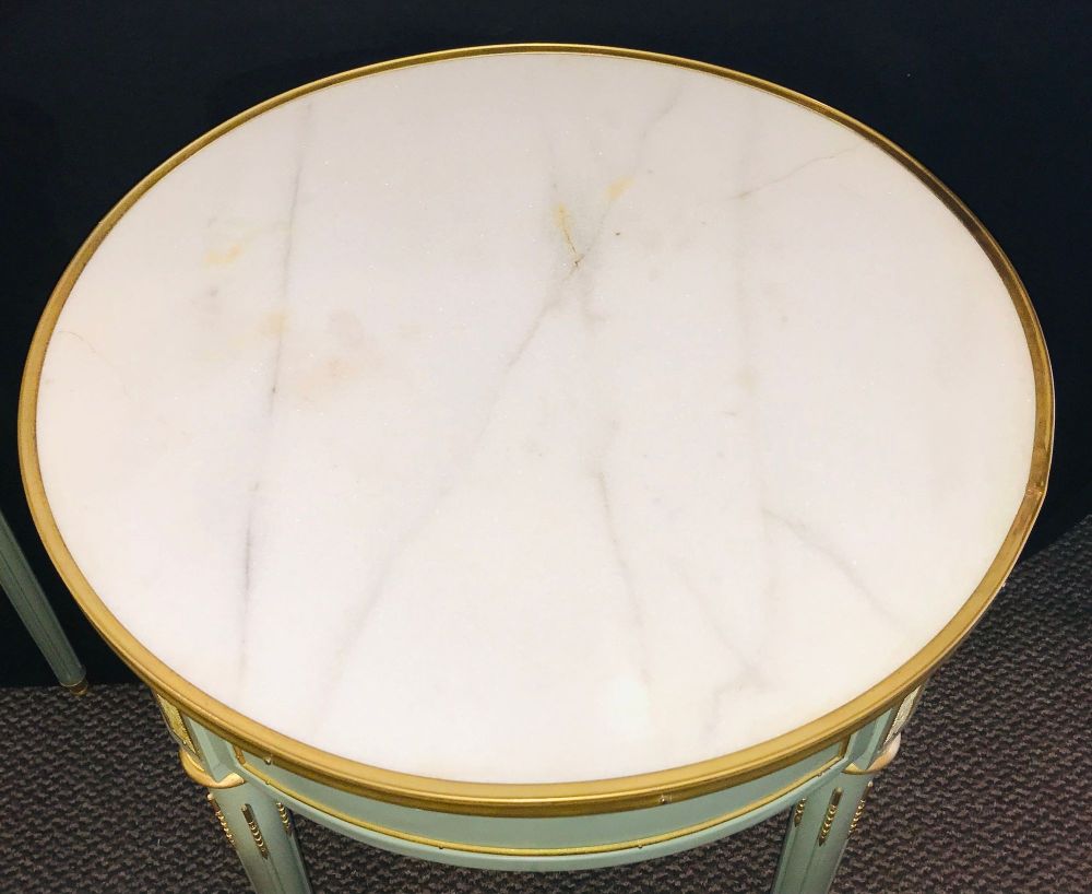 Pair of Paint Decorated Jansen Style Louis XVI End, Side or Bouilliotte Tables