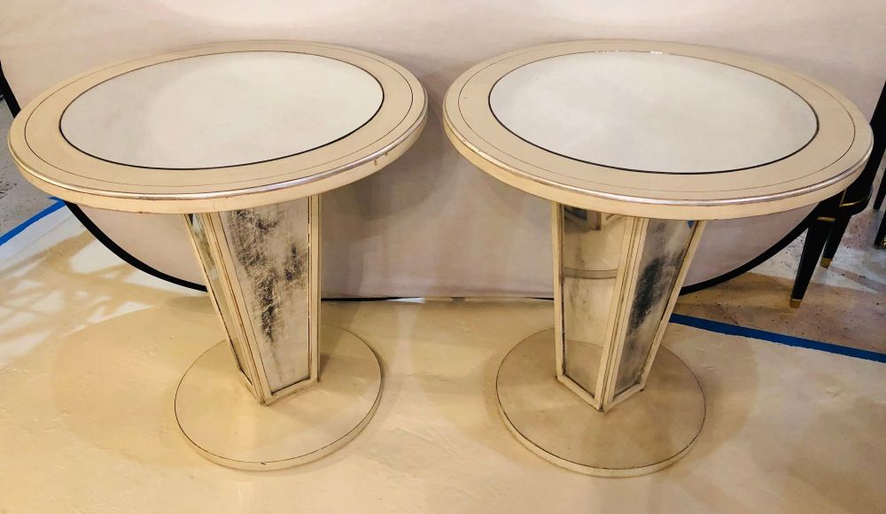 Hollywood Regency Paint Decorated Mirrored Side, End or Lamp Tables, a Pair