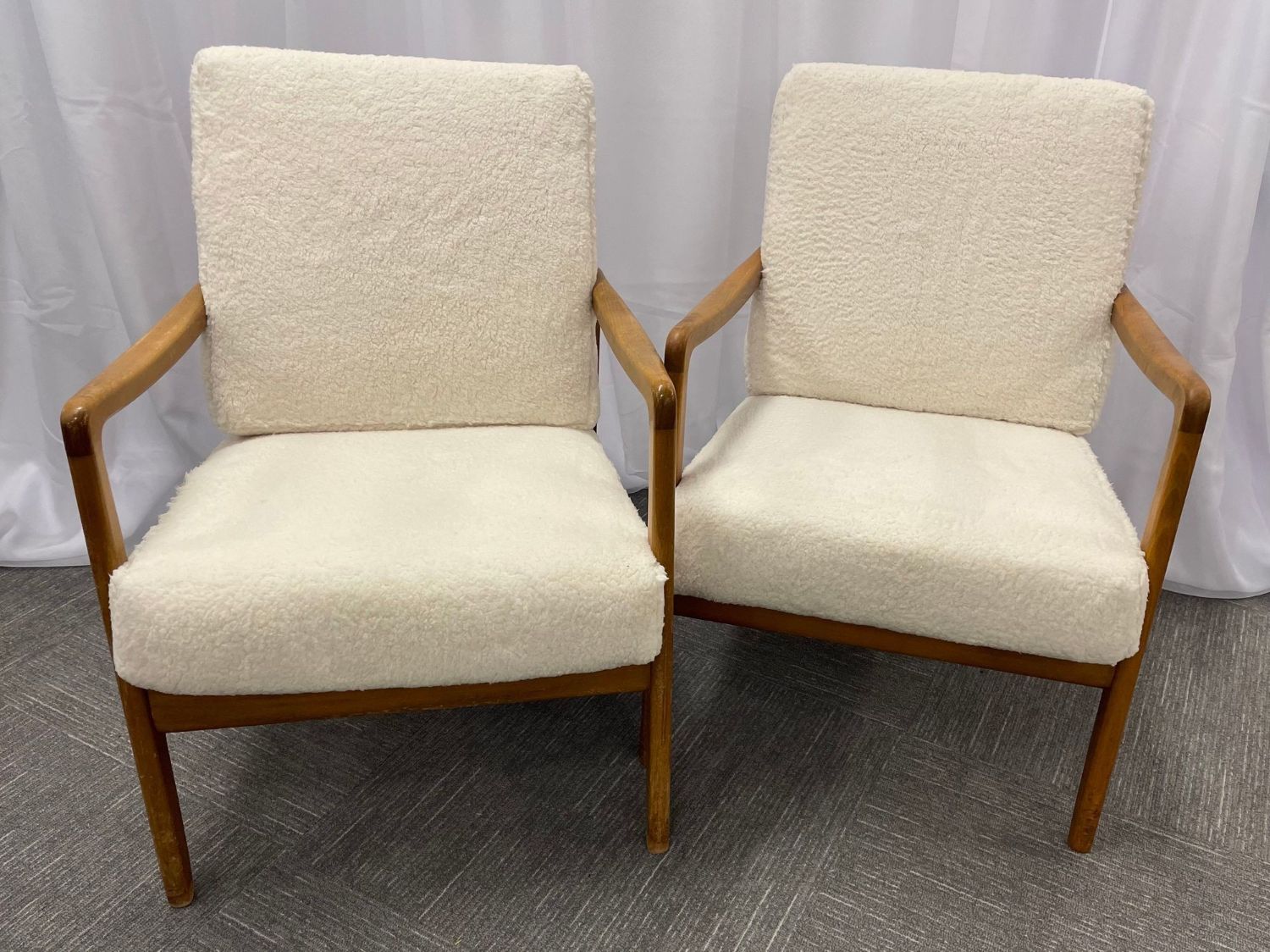 France and Daverkosen Teak Armchairs, Mid-Century Modern in Sherpa Style Fabric