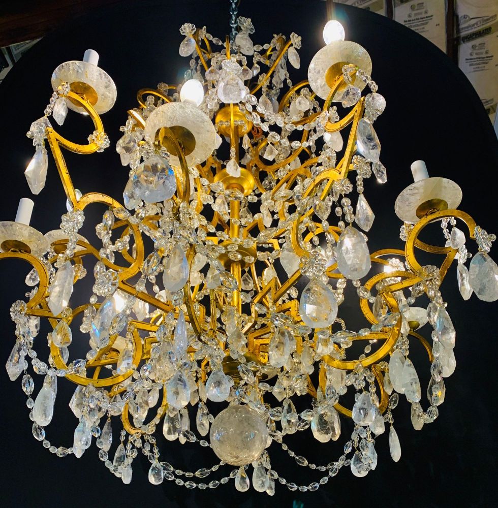 12 Light Gilt Metal Rock Crystal Chandelier. Hollywood Regency in Style