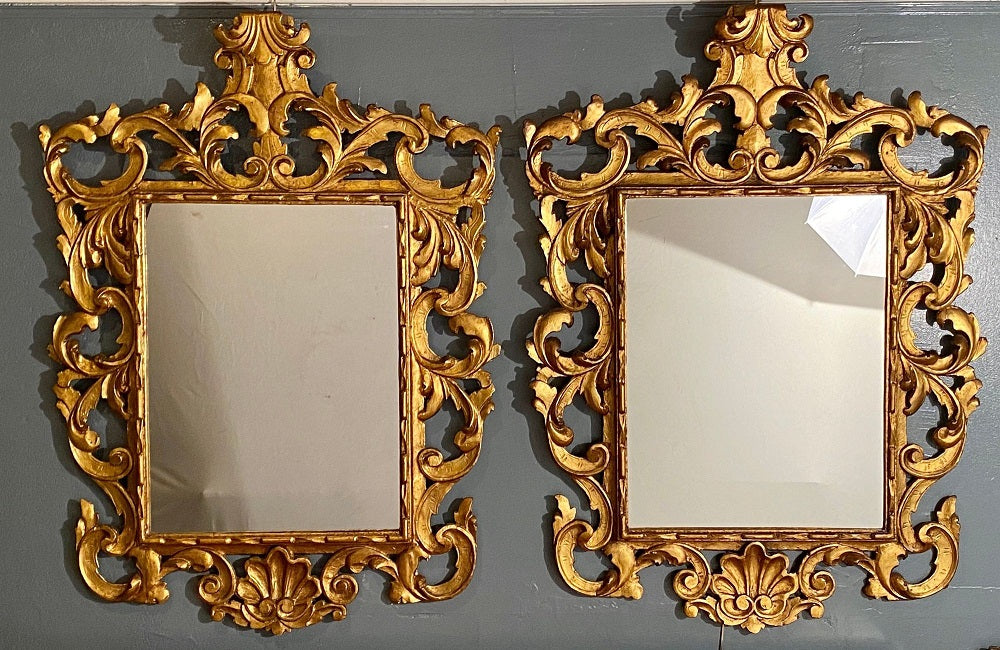 Pair of Rococo Style Frame Wall or Console Mirrors, Carved Gilded Wood Surrounds