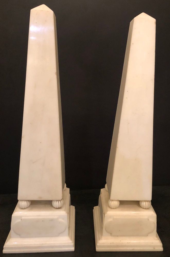 Pair of Large Antique 19th-20th Century Solid Marble Obelisks on Pedestals